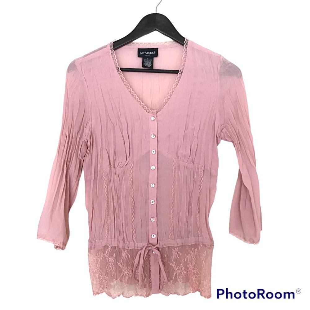 Bay Studio Career Pink Sheer Lace Button Up Blouse